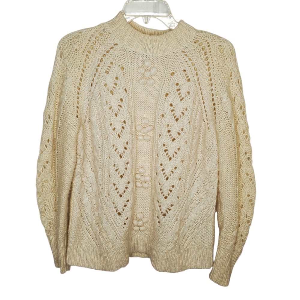 J.crew Cable knit pointelle Wool  sweater popcorn Fisherman Small Cream #216 - Picture 2 of 5